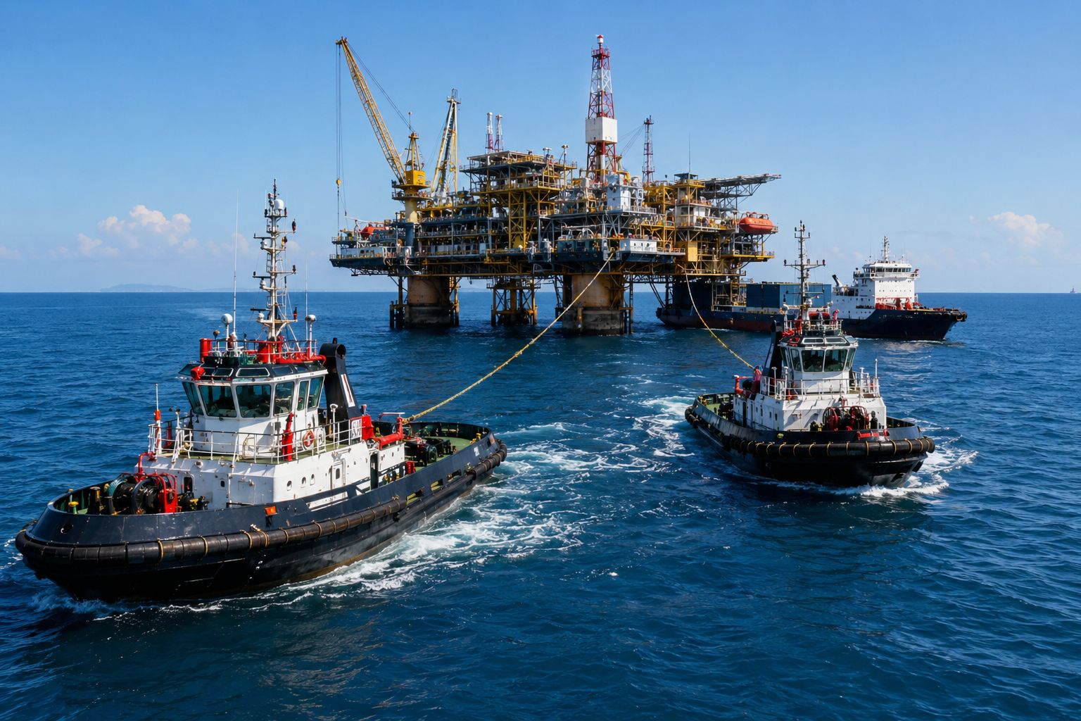 Two tugs under tow alongside an offshore platform with a supply vessel standing by