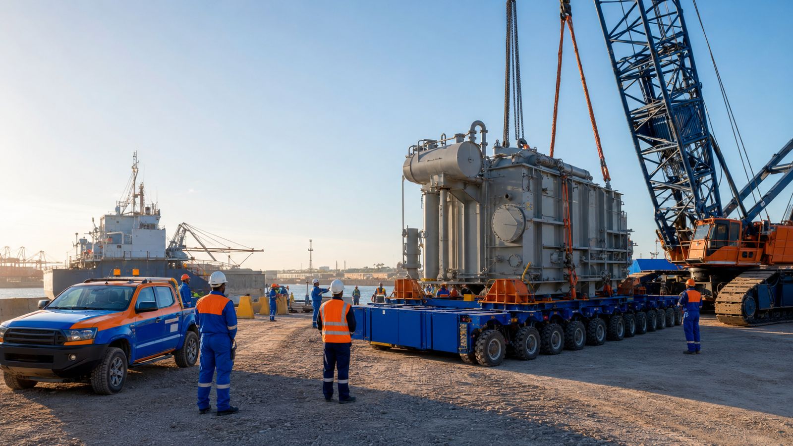 Crawler crane lifting a transformer onto a multi-axle modular trailer at a quayside